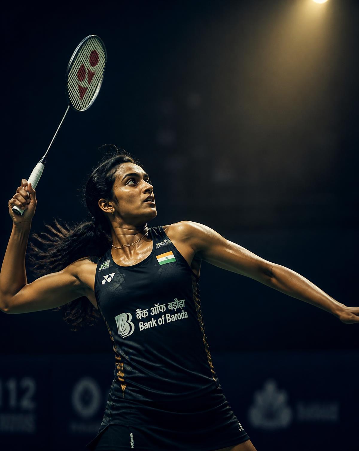 Indian badminton player mid-smash under a spotlight
